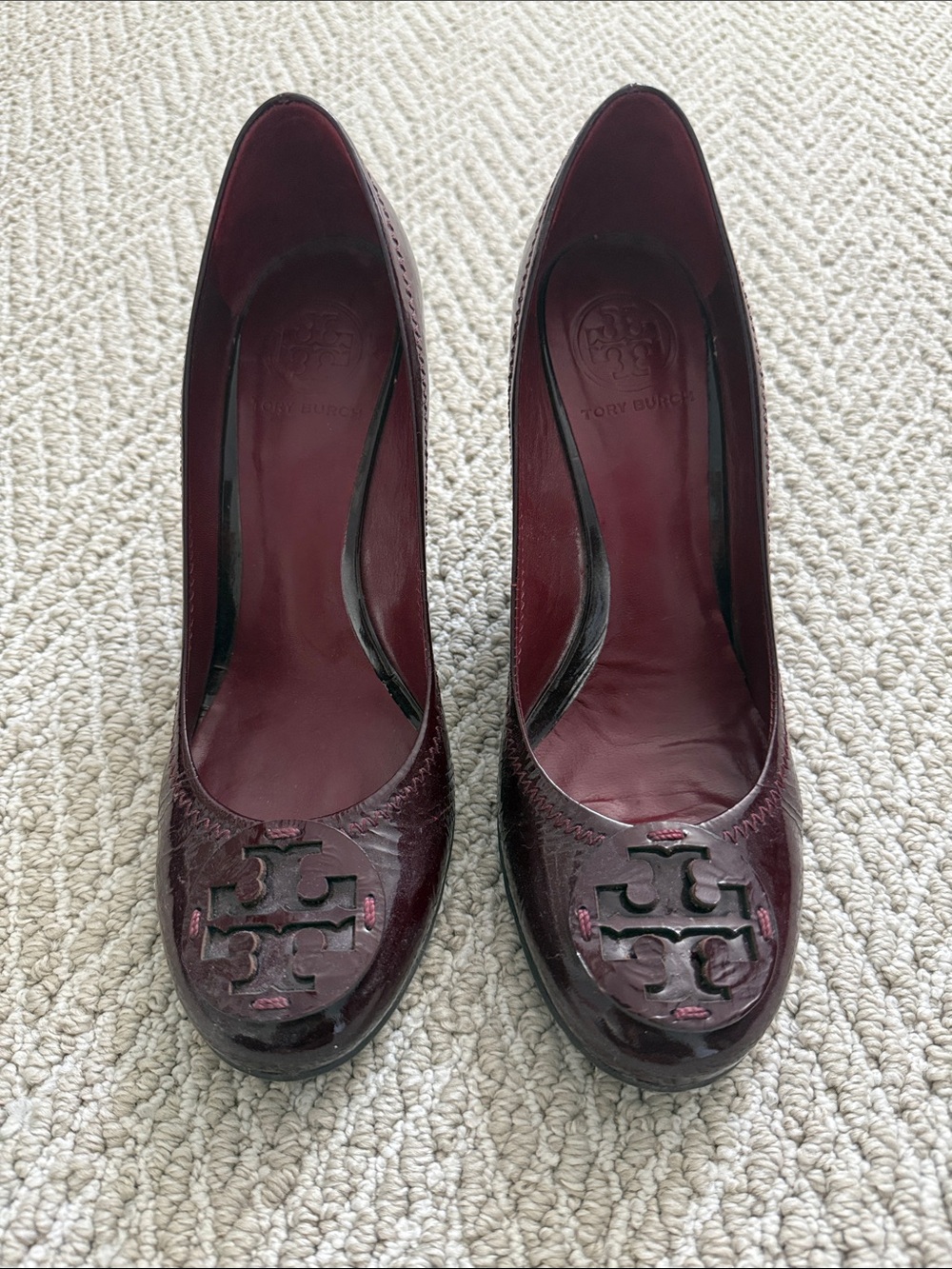Tory Burch Burgundy Patent Wedge Pumps with Logo Detail